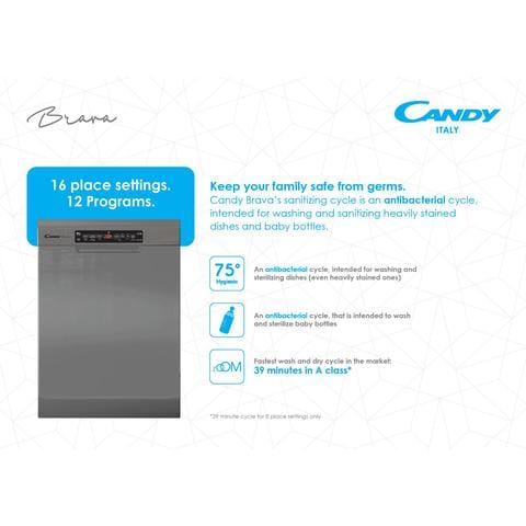 Candy Brava Dishwasher - CDPN 4S603PX-19 - 16 Place settings - Inox - 12 Programs - WiFi+BT - Zoom 39 Minutes Quick Cycle - Add Dish - 5 Digit Display