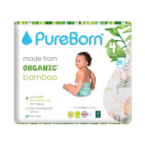 Pureborn Organic Bamboo Diaper Size 4 7-12kg White 24 Diapers