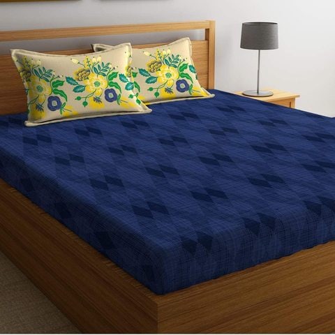 اشتري Portico Marvella Cotton Fitted Queen Bedsheet Set, Blue, 150X198cm, 8045171, Set Of 3 في الامارات