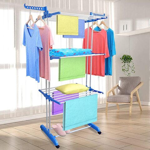 Buy Clothes Drying Stands , 3 Tier Collapsible Rolling Dryer Clothes Hanger  Rack Rail Stand with Side Wings, Stainless Steel Clothes Airer for Laundry,  Sky Blue, [Made in India] 2 Year Manufacturer