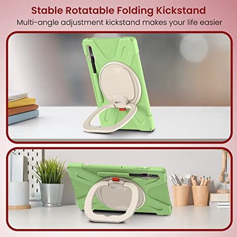 Moxedo Shockproof Rugged Colorful Case with 360 Rotating Kickstand and Shoulder Strap Compatible for Samsung Galaxy Tab S7 Plus 12.4-inch 2020 / S8 Plus 2022 (T730/T970/X800) (Matcha Green)
