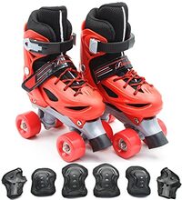 EASY FUTURE Roller Skates Adjustable Size Double Row 4 Wheel Skates Children Skates for Boys And Girls Including Protective Gear Knee Elbow Wrist Red XS (27-30)