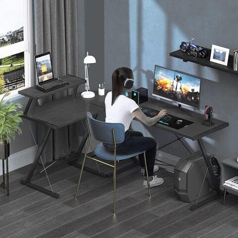 Gameon 3 In 1 L-Shaped Slayer II Xl Series Gaming Desk, 150x112x74cm & Table Top 100x48cm + 60x48cm, With Accessories Stand - Black