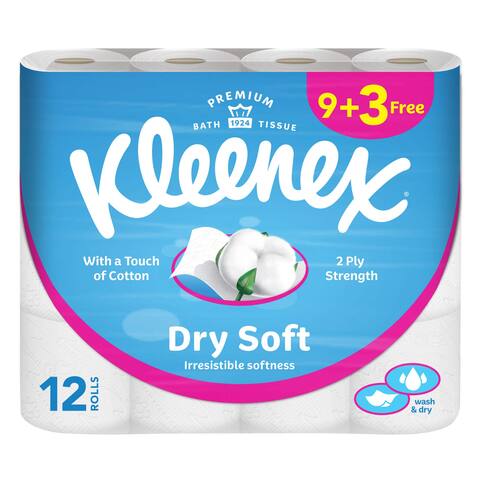 Buy Kleenex Dry Soft Toilet Tissue Paper, 2 PLY, 12 Rolls x 200 Sheets, Embossed Bathroom Tissue with a Touch Of Cotton in Saudi Arabia