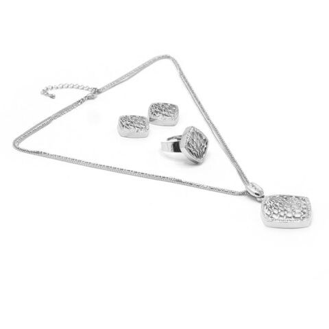 Tanos - Fashion Silver Plated Chain Set (Necklace/Earring/Ring) Diamond Shape w/ white stone