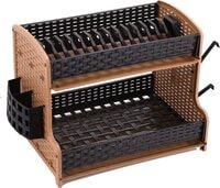 Royalford Galaxy 2 Layer Rattan Dish Rack, Plastic Drip Tray, RF10798 Multi Purpose 2 Tier Dish Rack With Cup Holder &amp; Cutlery Holder For Kitchen Countertop, Multicolor