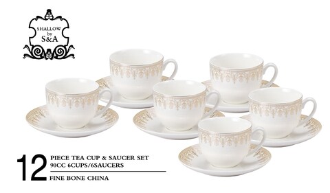 SHALLOW BONE CHINA CUPS AND SAUCERS SET, WHITE/GOLD, 90 CC, TS-90-LIN-F, 12PIECES