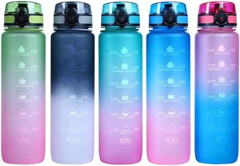 Motivational Water Bottle, Leak-proof, BPA Free with Time Marker, Reusable Drinking Water Bottle for kids &amp; Adults - 1000ml (Pink &amp; Blue)