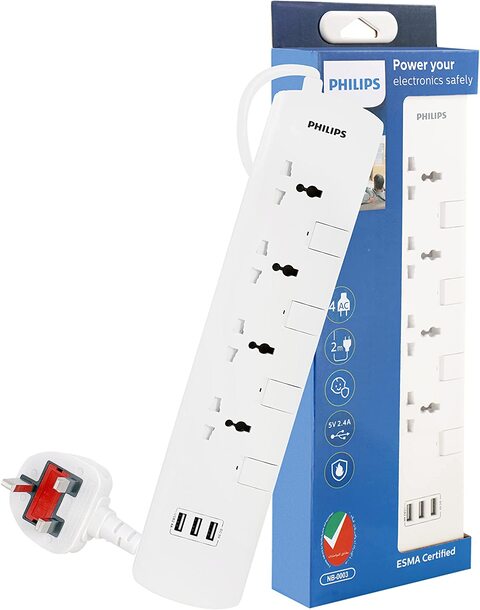 Philips 4-Way Extension Socket With 3 USB Port 2m