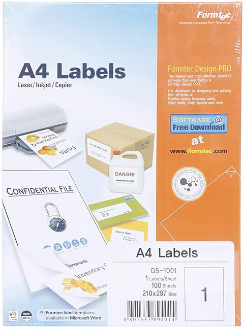 Generic Formtec A4 Labels, 1 Lable Per Sheet, 100 Sheet Box