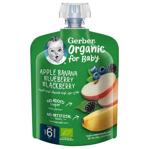 Gerber Organic Apple Banana Blueberry Blackberry Puree Green 90g