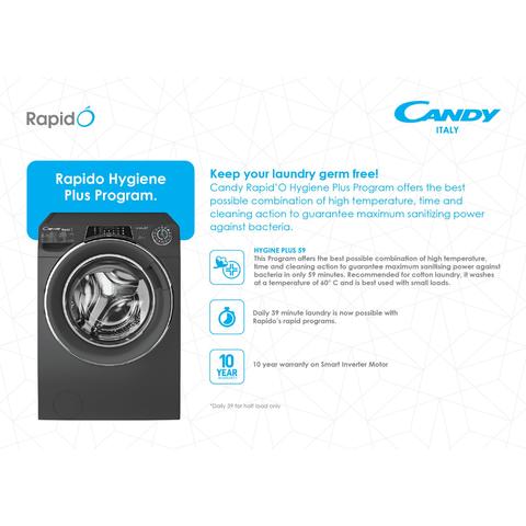 Candy Rapid&#39;O Washer Dryer 9kg Wash + 6kg Dry - ROW4966DHRR/1-19 - 1400rpm - Anthracite - WiFi+BT - Steam Function - 6 Digit Display