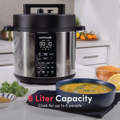 Nutricook Smart Pot 2 1000 Watts 9 in 1 Electric Pressure Cooker, 12 Smart Programs, 2 Years Warranty, Silver, SP204A, 6 liter