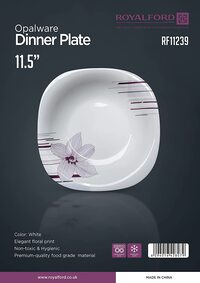 Royalford Opalware Dinner Plate RF11239 11.5&quot; White Plate With Elegant Floral Print Non-Toxic And Hygenic Food-Grade Material Dishwasher And Freezer Safe Serveware Dinnerware One Piece