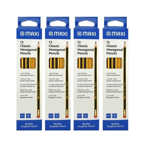 Maxi Classic Hexagonal HB-2 Eraser Tip Graphite Pencils Gold 48