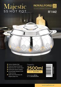 Royalford 2500ml Majestic Stainless Steel Hotpot- Rf11442 Firm Twist Lock To Keep Food Fresh For Long, Silver And Golden