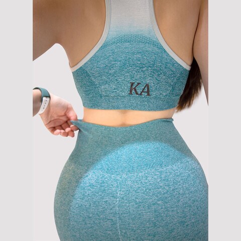 Kidwala 2 Pieces Armour Set - High Waisted Seamless Leggings with Sports half Sleeves Top Workout Gym Yoga Ombre color Outfit for Women (Small, white &amp; Teal)
