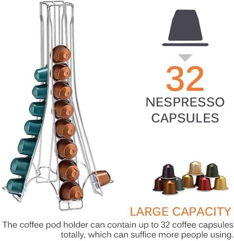 اشتري Lushh Coffe Capsule Holder, Tower Stand for 32 Nespresso Capsule , Coffee Pod Storage Holder - Silver في الامارات