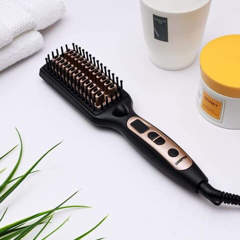 Buy Geepas 2-In-1 Hair Brush 45W Straightener Brush With Ceramic Anti Scald Hair Brush, Travel Voltage Brush, Auto Shut Off With LED Display and Heating Function, 2 Years Warranty in Saudi Arabia