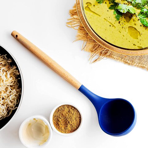 Royalford Silicon Soup Ladle, Wooden Handle, RF10649 Non Stick One Piece Silicon Soup Spoon Kitchen Cooking Spoon Utensil For Making Soups, Stews And More, Multicolor
