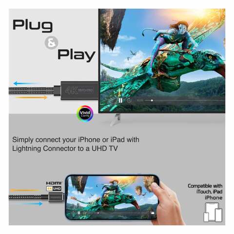 Promate MediaLink-LT  4K High Definition Lightning Connector to HDMI Audio Video Cable 1.8M Black