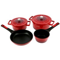Royalford Rf9845 6Pcs Cast Aluminium Cookware Set - Saucepan, Fry Pan &amp; Casseroles With Lids Non-Stick Interior &amp; Non-Slip Stay-Cool Handles (Red)