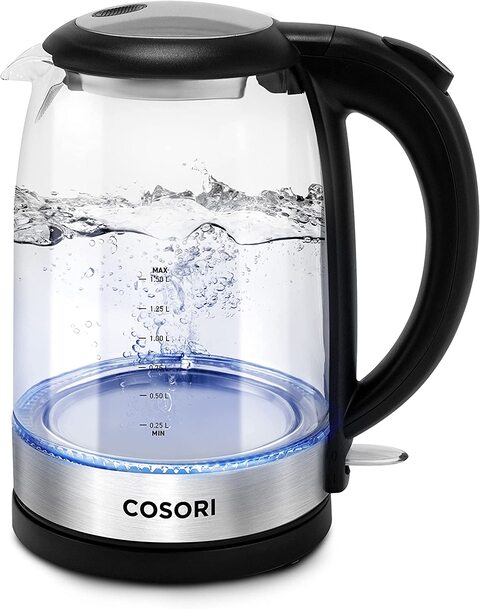 Cosori 1.5L Electric Glass Kettle, Blue LED, 3000W For Fast and Quiet Boil, Stainless Steel Filter And Inner Parts, Boil-Dry Protection, BPA Free, Black