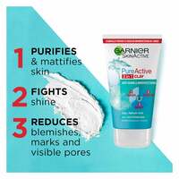Garnier Skin Active Pure Skin 3 In 1 Clay Wash Scrub And Mask Face Cleanser 150ml