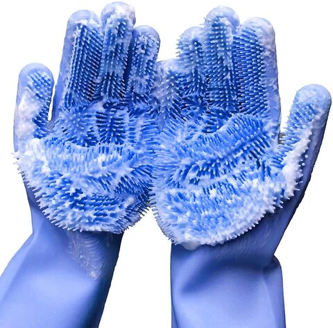 Buy Lavish Cleaning Sponge Gloves, Dishwashing Gloves, Silicone Reusable Cleaning Brush Heat Resistant Scrubber Gloves For Housework, Kitchen Clean, Bathroom, Bathing, Car Washing. 1 Pair Blue in UAE