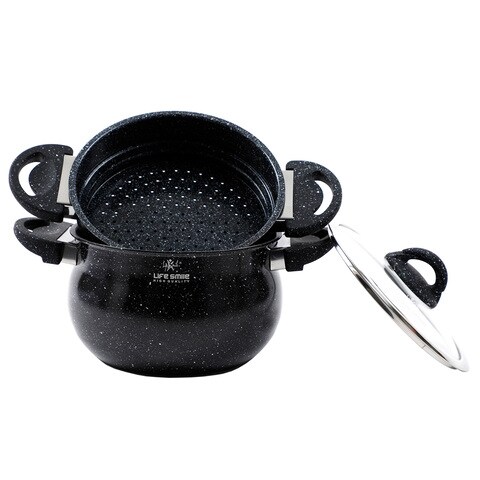 Life Smile Steamer Pot 8 Liter - Steaming Cookware Couscoussier With Tempered Glass Lid- 2 Tier Steaming Pot Granite Coating Stock Pot- Induction Bottom - Dishwasher Safe (24 Cm (8 Liters)) 