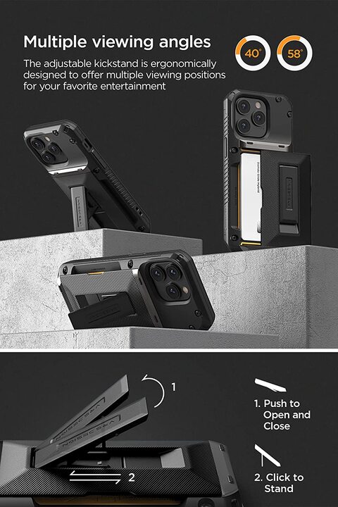 VRS Design Damda Glide Hybrid designed for iPhone 14 PRO case cover wallet [Semi Automatic] slider Credit card holder Slot [3-4 cards] &amp; Kickstand - Black Groove