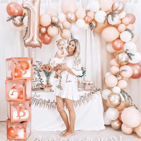 Baby Shower Boxes Party Decorations &ndash; 4Pcs Transparent Balloons Decor Baby Box Baby Blocks Decorations for Boy Girl Baby Shower 1st Birthday Party Gender Reveal Backdrop (Rose Gold)