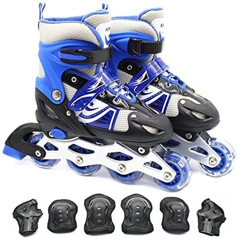 EASY FUTURE Inline Skates Adjustable Size Roller Skates with Flashing Wheels Children Skate Shoes Including Protective Gear Knee Elbow Wrist Blue Small (31-34)