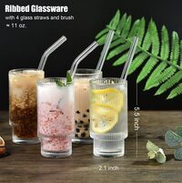 1CHASE Borosilicate Ribbed Glassware Drinking Glasses With Straws 450ml (Set Of 4) Ribbed Glass Mason Jar Vintage Fluted Glassware