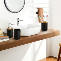Mimelon 6-pcs Bathroom Accessory Set, Bamboo Black Bathroom Set Includes Toothbrush Cup &amp; Holder, Soap Dispenser, Soap Dish, Durable Toilet Brush With Holder - Modern Trash Can (Matte Black)