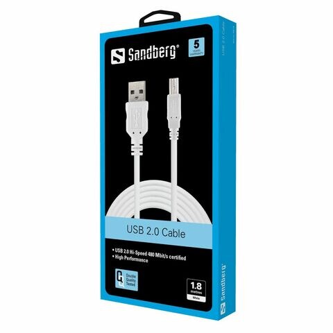ساندبرغ USB 2.0 A-B سلك ذكر 1.8 متر - أبيض