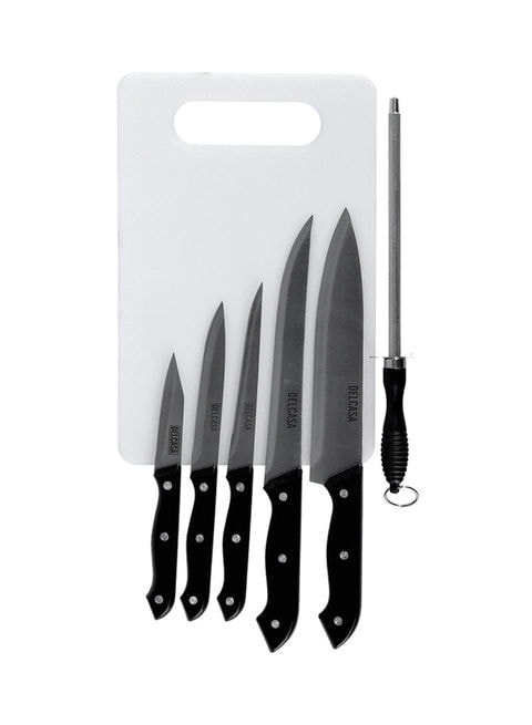 Delcasa 7-Piece Kitchen Knife With Plastic Cutting Board Set Black/Silver/White