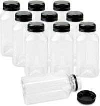 FUFU 12Packs Empty PET Plastic Juice Bottles 8OZ Reusable Clear Disposable Containers with Black Tamper Evident Caps Lids for Juice, Milk and Other Beverages