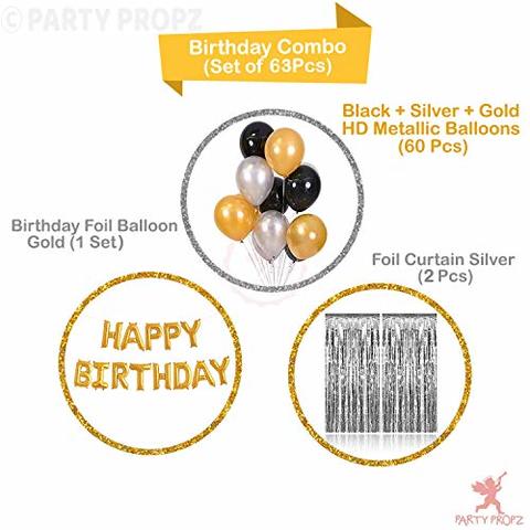 Party Propz 63Pcs Golden, Silver and Black Balloon Birthday Decorations Items Combo for Kids,Adult Birthday
