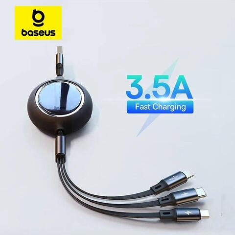 Baseus Multi Charging Cable 3.5A (1.1m) 3 in 1 Retractable Multi USB Cable Fast Charger Cord Adapter with iP/Type C/Micro USB Port for Cell Phones/iPhone/Samsung Galaxy/Ps/Tablets and More Black