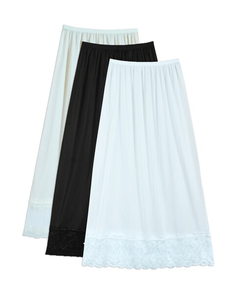 3- Pieces Full Length Soft inner Skirt Silk 100% with Elasticised Waistband Big Lace Women Multicolor XXL