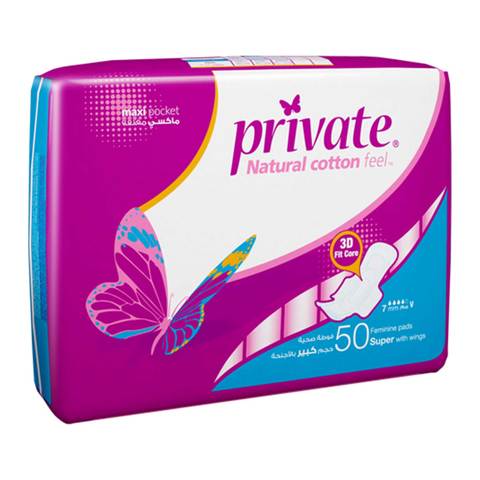 Private Maxi Pocket Tri-Fold Super Sanitary Pads White 50 count
