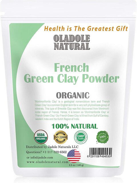 Oladole Natural French Green Clay, 100% Natural, Montmorillonite Clay, Absorbs Excess Oil, Detoxifies Skin, For A Detox Facial Cleansing Mask, 100g