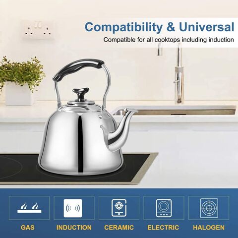 HTH Whistling Tea Kettle Stovetop, Stainless Steel, Mirror Finish, 3L