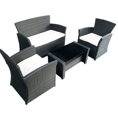 Carrefour D-Malibu Wicker Coffee Table With Chair Set Grey Pack of 4