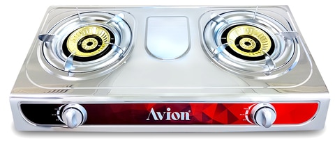 Avion Double Burner Gas Stove, Durablecast Iron Burner, Auto Ignition, Energy Efficient Burners, Stainless Steel Body, Heat Resistant Electroplate Pan Support, Low Gas Consumption, Ags25Ep