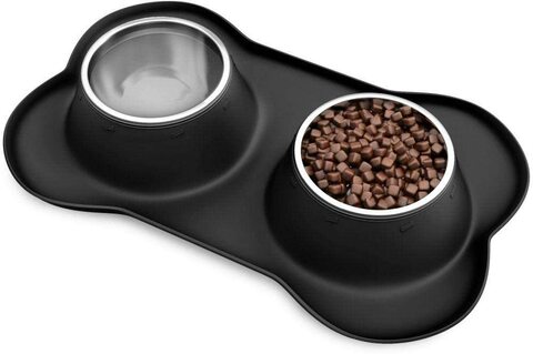 Buy Mumoo Bear Stainless Steel Pet Bowls For Dogs And Cats- Set Of 2 Dishes For Food And Water In Non Slip No Mess Silicone Tray in UAE