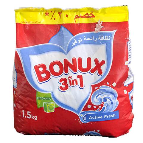 Buy Bonux 3 In 1 Active Fresh Detergent Powder 1.5KG 20Percent Off Online -  Shop Cleaning & Household on Carrefour Lebanon