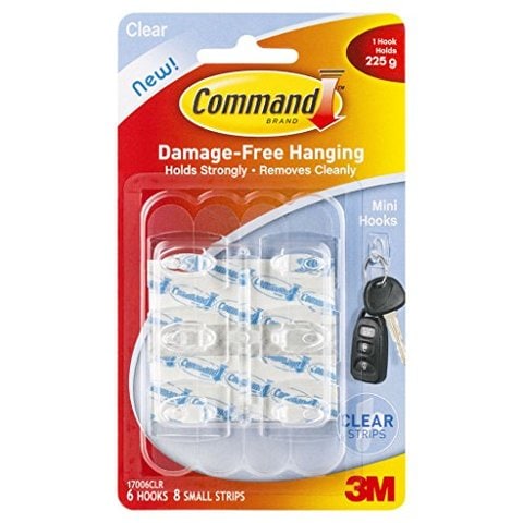 Command Mini Hooks, Transparent, Holds 225 gm, (6 hooks, 8 strips), No Drilling, Holds Strong, No Wall Damage