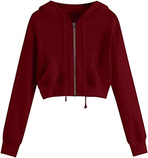 Girls Childish Hoodie Full Zip Hip Hop Sports Sweatshirt Stylish Tops For Women (RED, M)